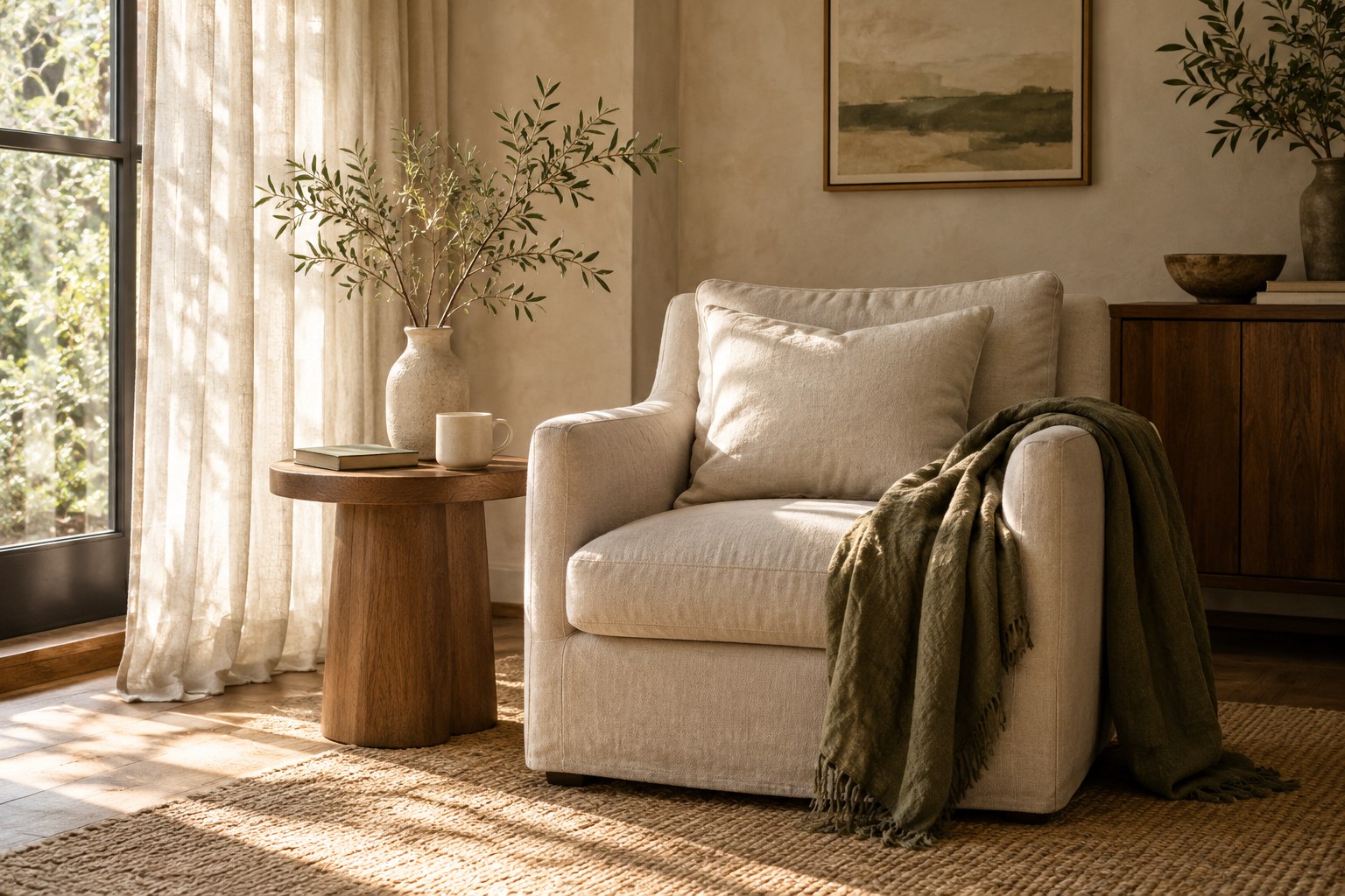 An ivory reading chair with a wooden side table
