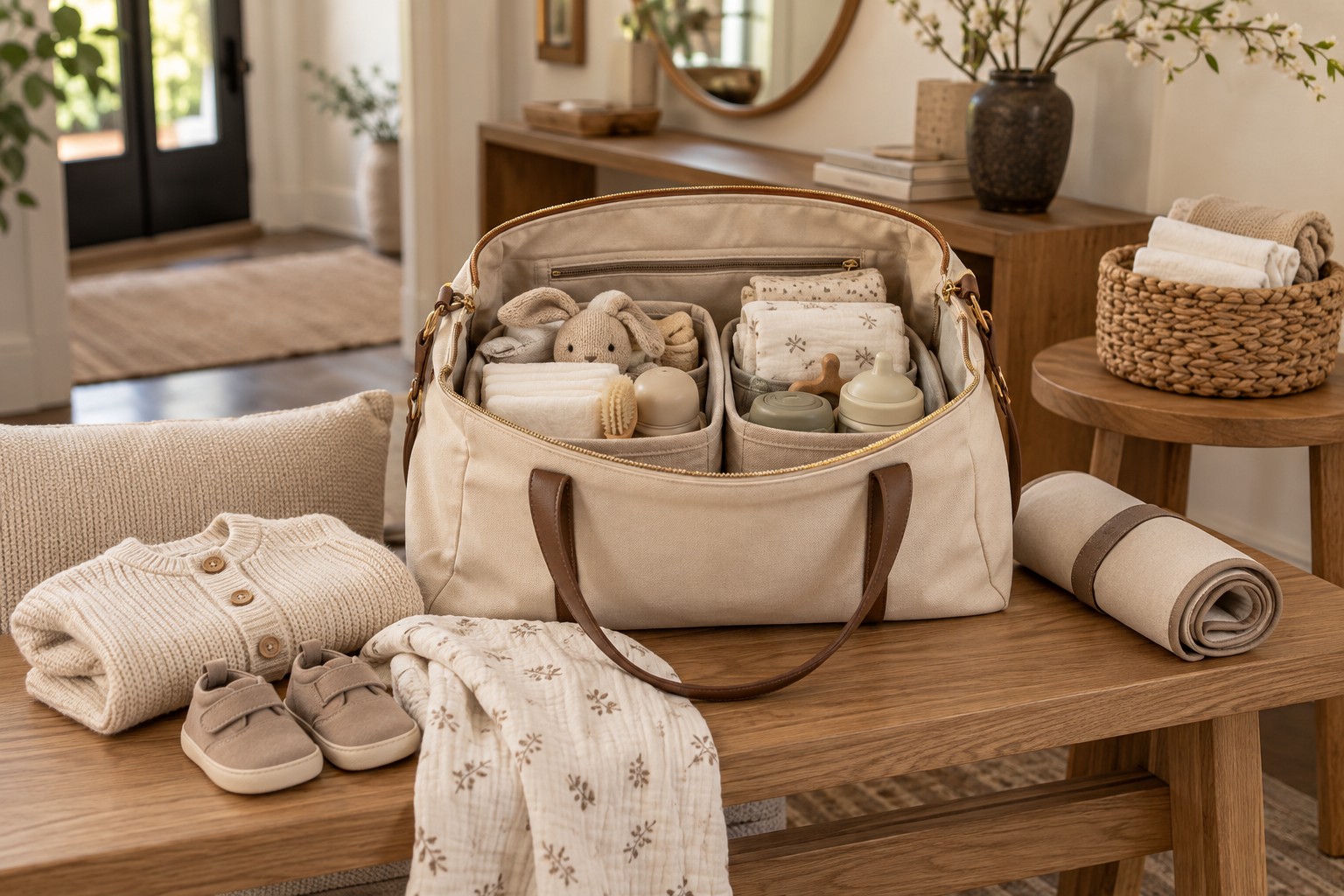 An open organized baby outing bag on an oak bench with a knit cardigan, tiny shoes, muslin cloth, and rolled changing mat