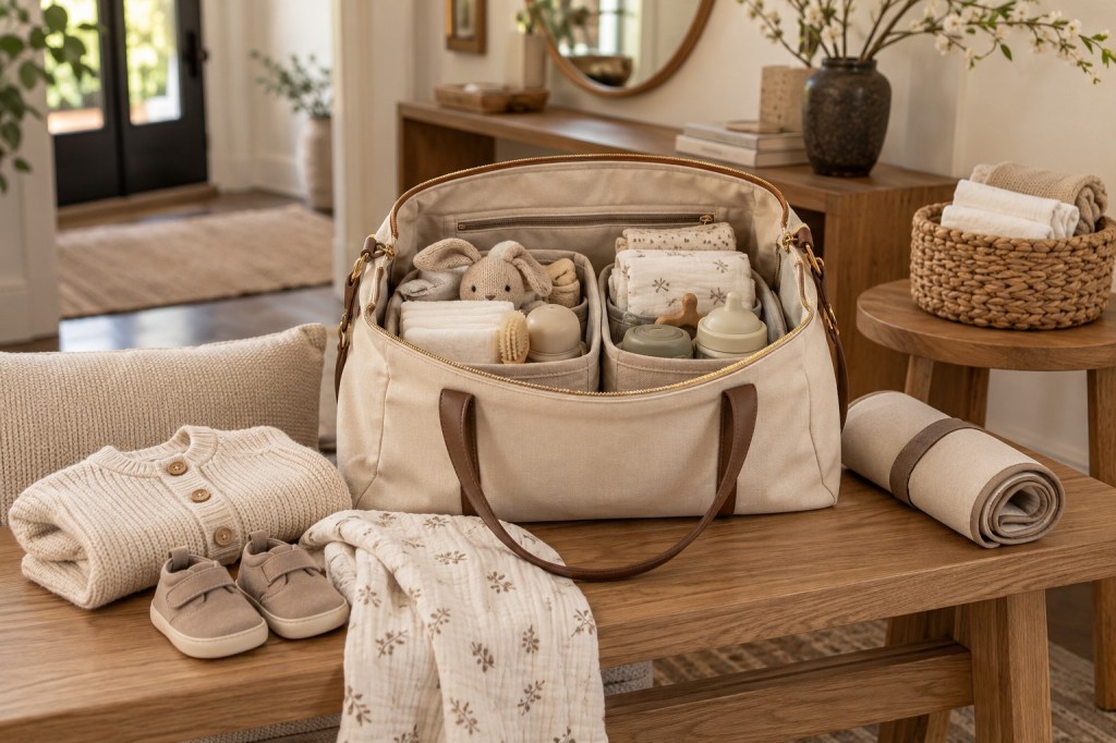 An open organized baby outing bag on an oak bench with a knit cardigan, tiny shoes, muslin cloth, and rolled changing mat