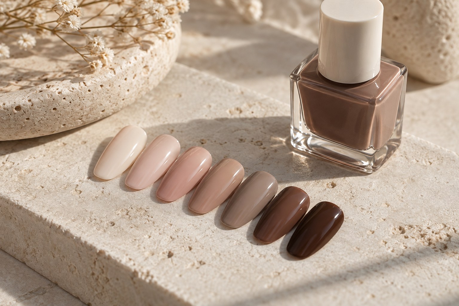 A neutral nail color palette arranged on a stone surface