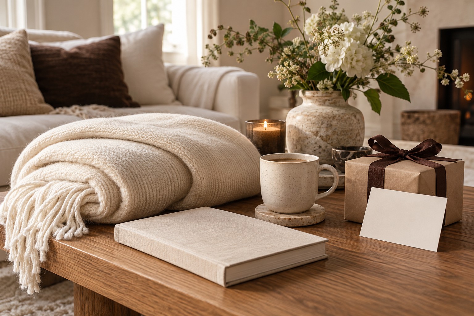 A cozy gift scene with a textured ivory throw, ceramic mug, linen-bound book, and wrapped parcel