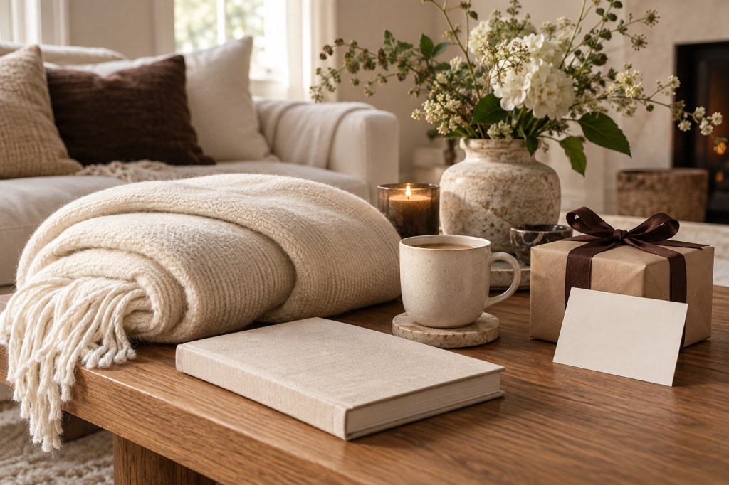 A cozy gift scene with a textured ivory throw, ceramic mug, linen-bound book, and wrapped parcel