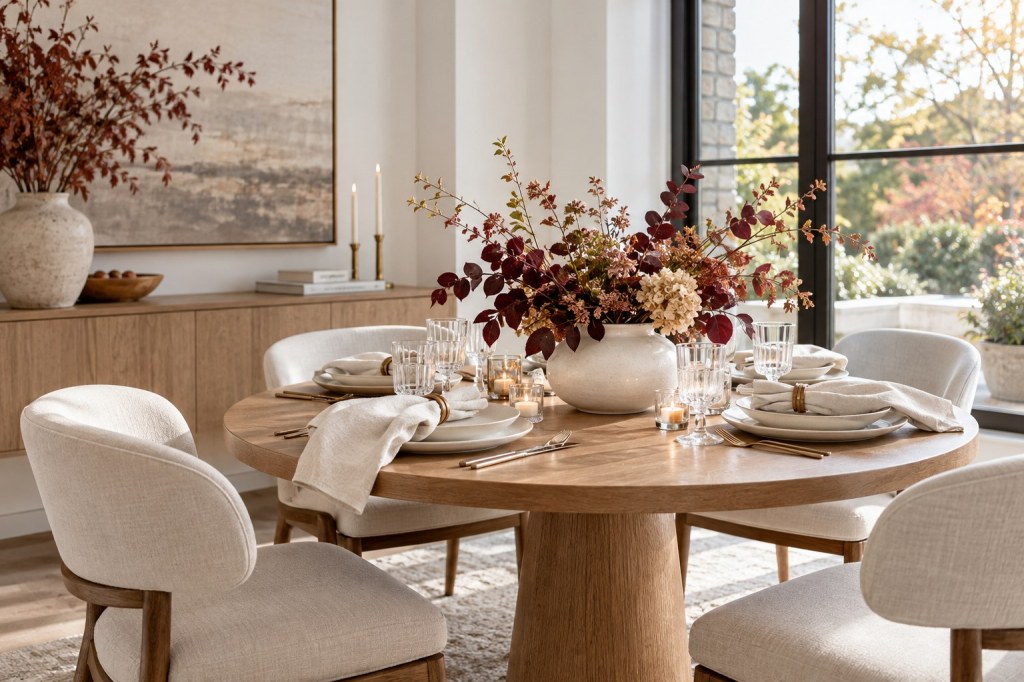 An autumn table with ivory place settings and a seasonal floral arrangement
