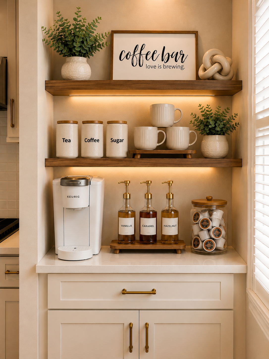Warmly lit coffee bar with cream mugs, wood shelves, and a white coffee maker