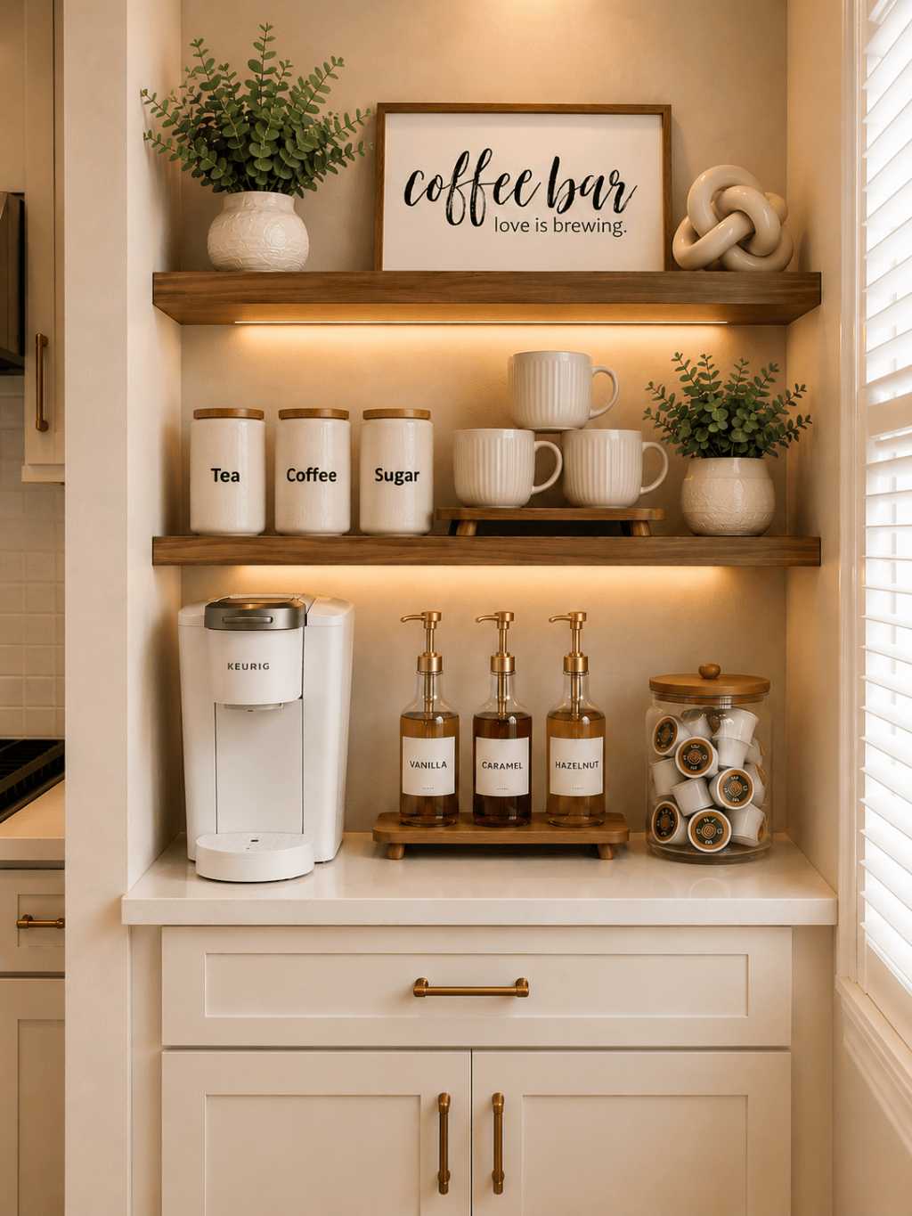 Cozy coffee bar with a white coffee maker, three cream ribbed mugs, labeled canisters, syrup bottles with gold pumps, and warm wood shelves.